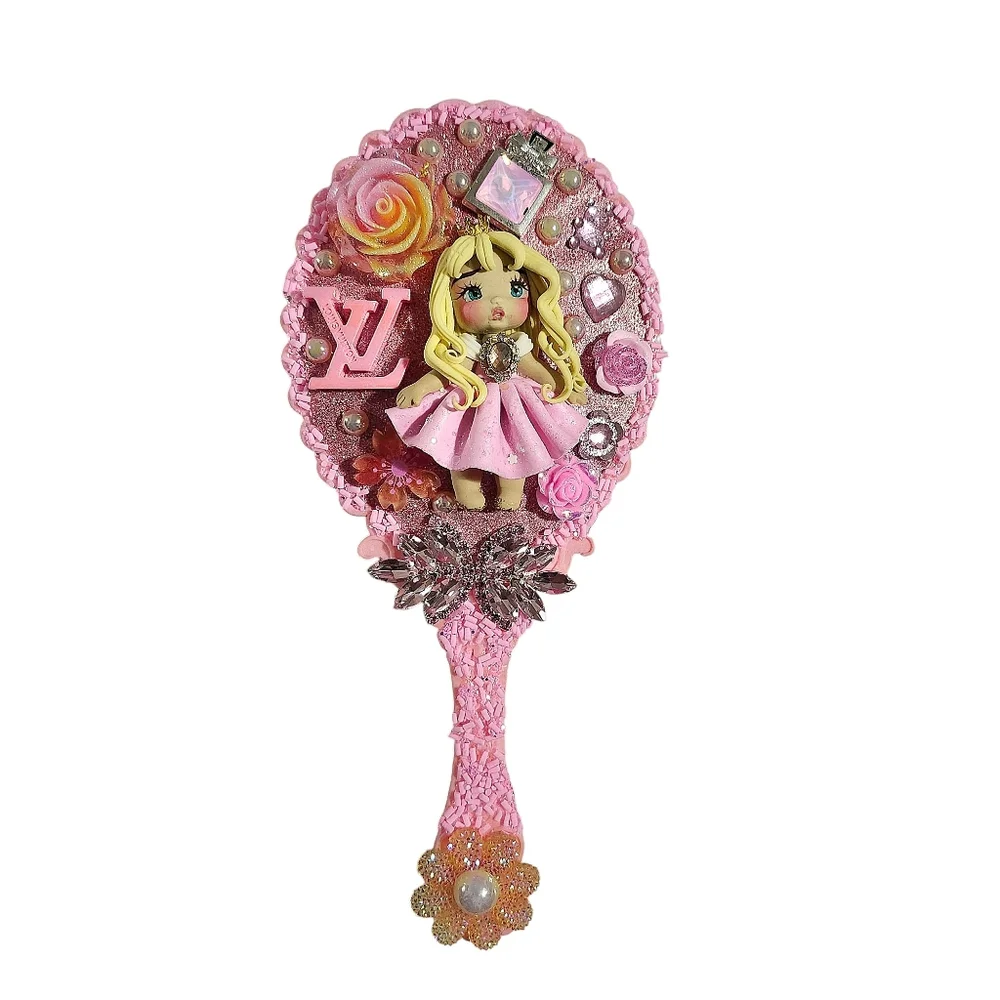 Handheld Beauty Makeup Mirror Clay Doll Bling Embellished Beauty Fashion Pink